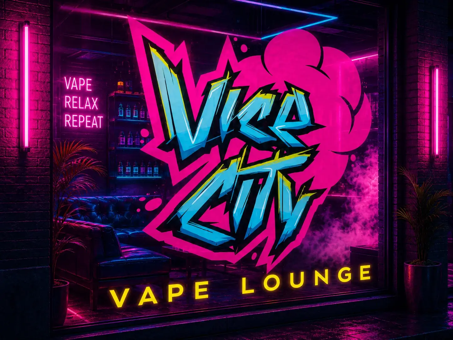 Storefront window mockup displaying the Vice City Vape Lounge logo, featuring vibrant pink, blue, and yellow graffiti-style lettering applied as a glass decal.